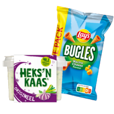 Heks’nkaas* bakje à 150/200 gram
of Lay’s bugles nacho cheese
zak à 170 gram